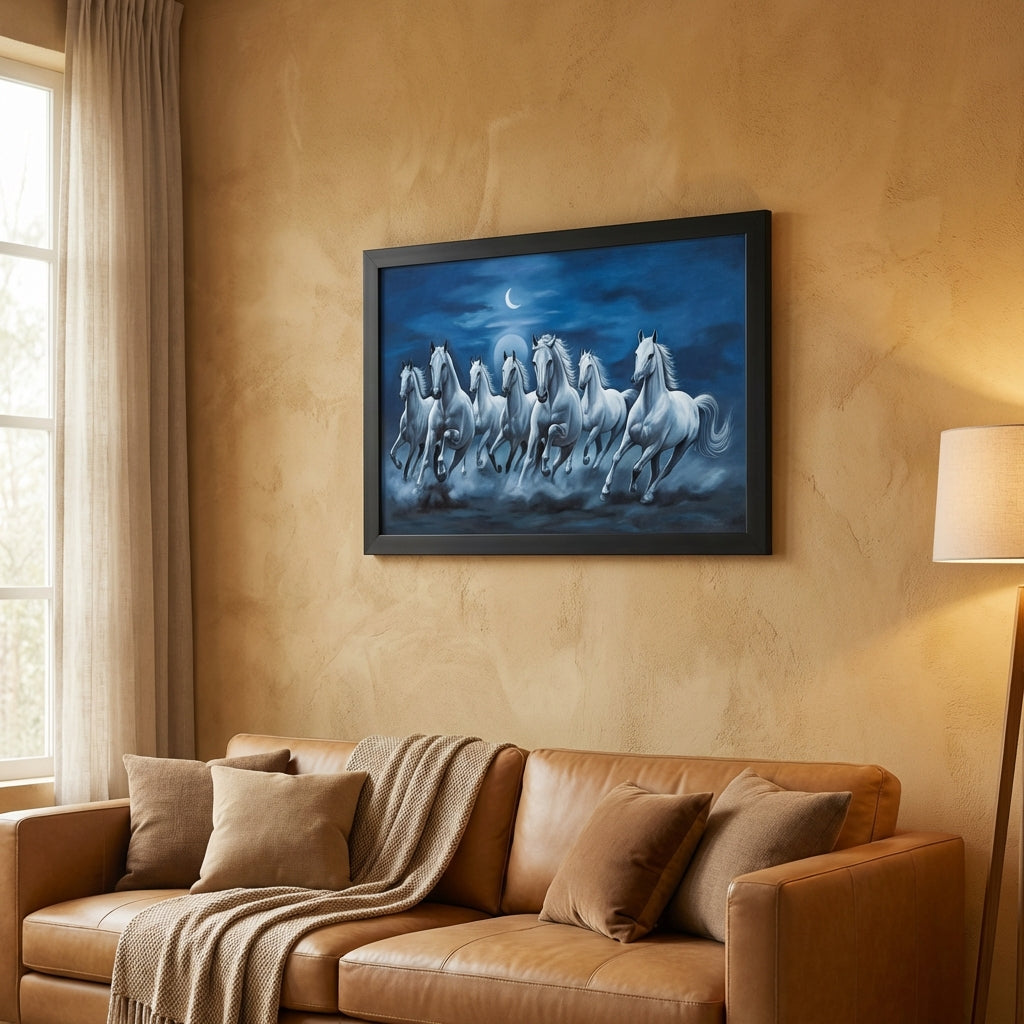 Seven White Horses Canvas - Modern Indian living